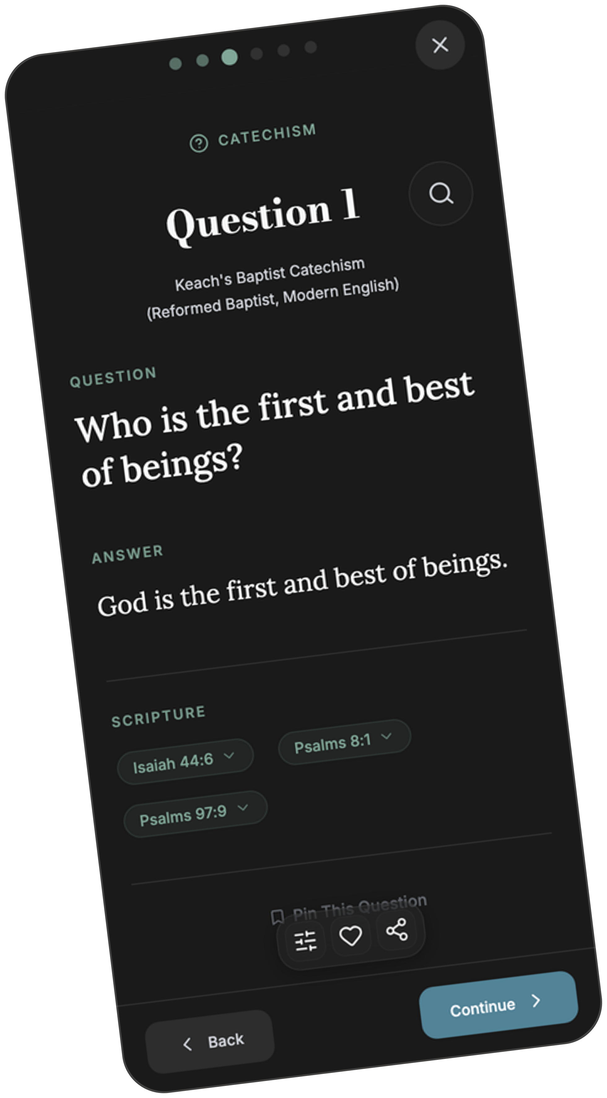 Selah Daily Pause catechism screen showing Keach's Baptist Catechism